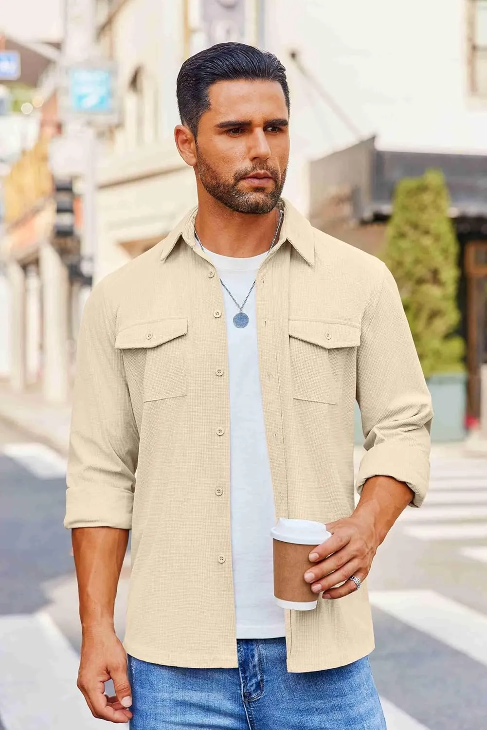 COOFANDY Men's Button Down Waffle Shirt Jacket Casual Long Sleeve Shacket Lightweight Overshirts with Flap Pockets
