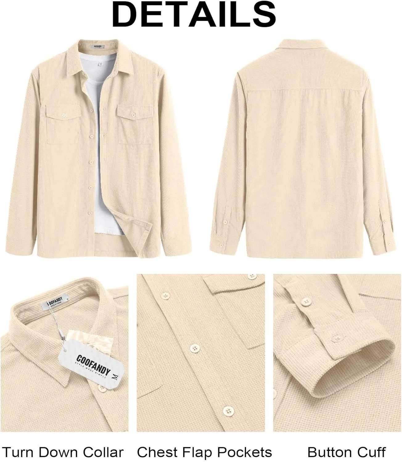 COOFANDY Men's Button Down Waffle Shirt Jacket Casual Long Sleeve Shacket Lightweight Overshirts with Flap Pockets
