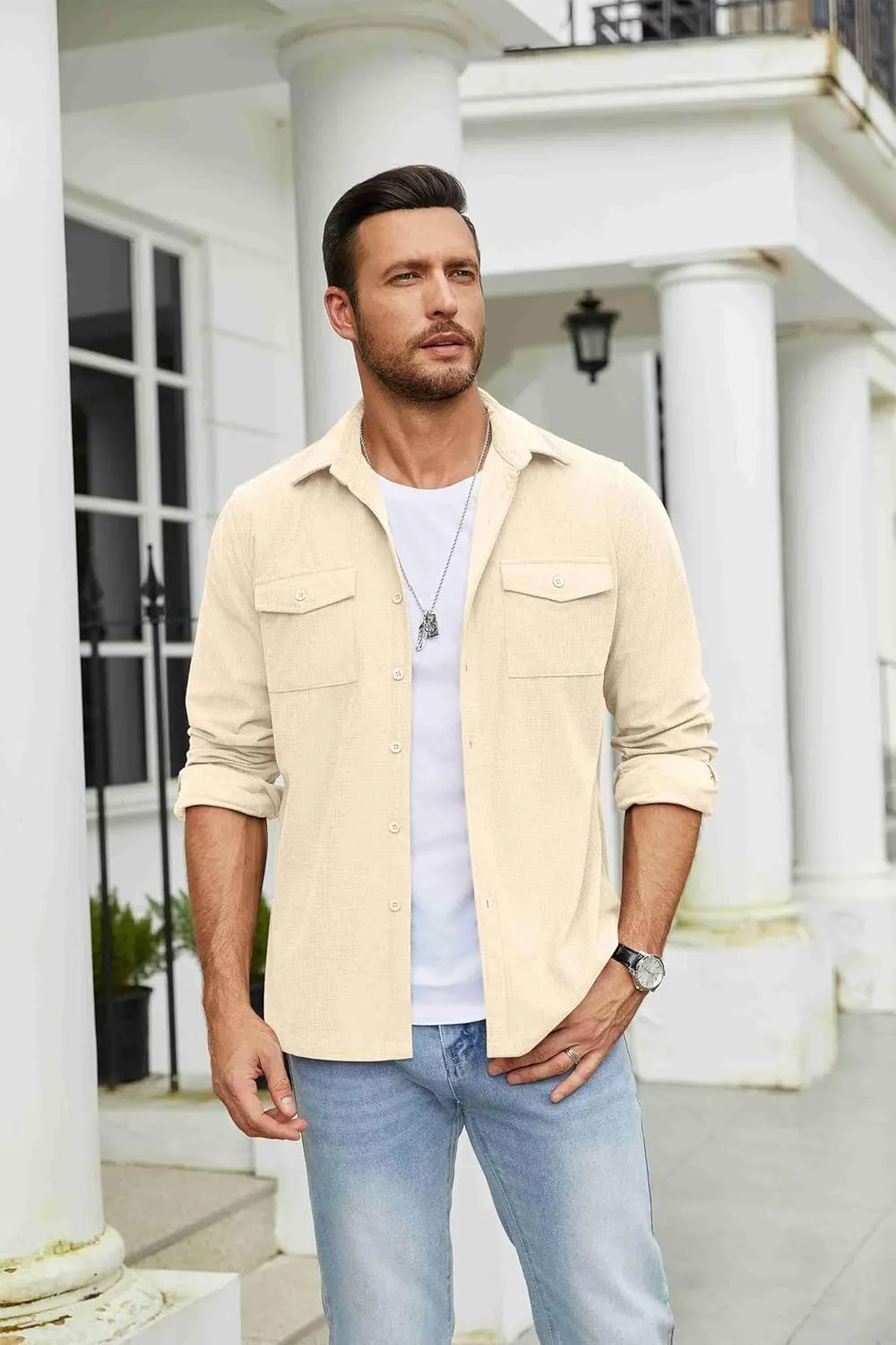 COOFANDY Men's Button Down Waffle Shirt Jacket Casual Long Sleeve Shacket Lightweight Overshirts with Flap Pockets