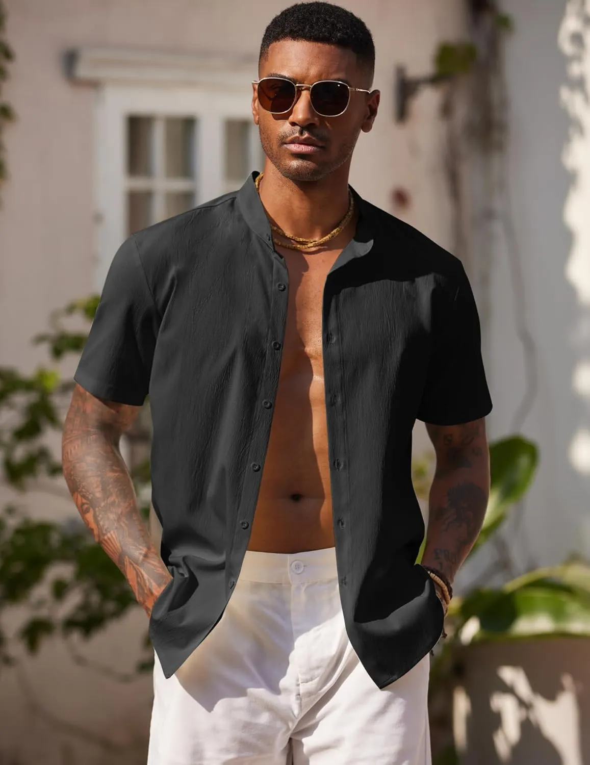 COOFANDY Men's Casual Button Down Short Sleeve Shirt Band Collar Shirts Textured Beach Summer Shirt