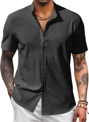 COOFANDY Men's Casual Button Down Short Sleeve Shirt Band Collar Shirts Textured Beach Summer Shirt