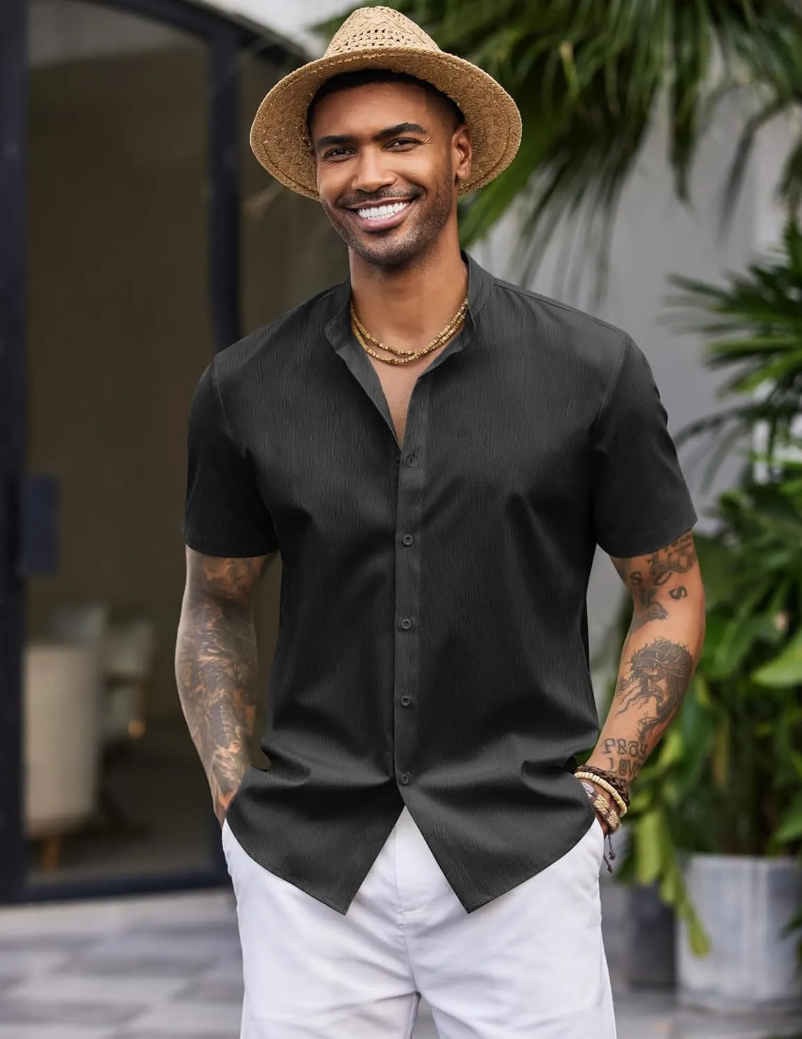COOFANDY Men's Casual Button Down Short Sleeve Shirt Band Collar Shirts Textured Beach Summer Shirt