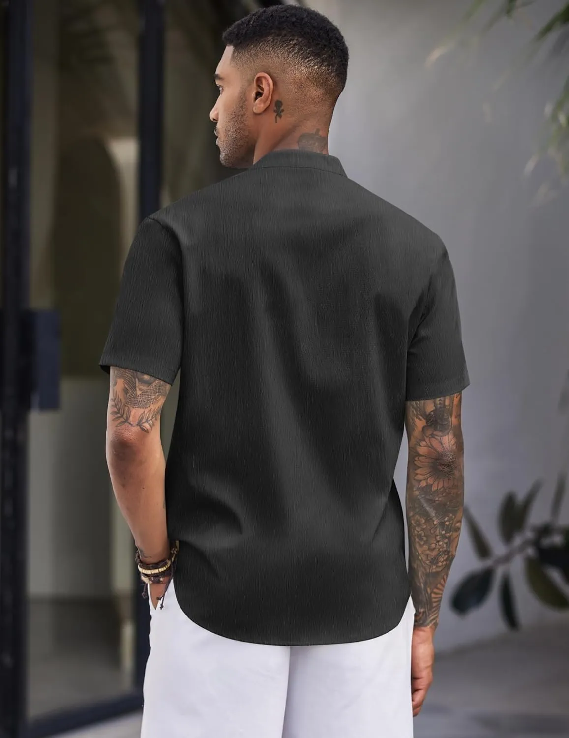 COOFANDY Men's Casual Button Down Short Sleeve Shirt Band Collar Shirts Textured Beach Summer Shirt