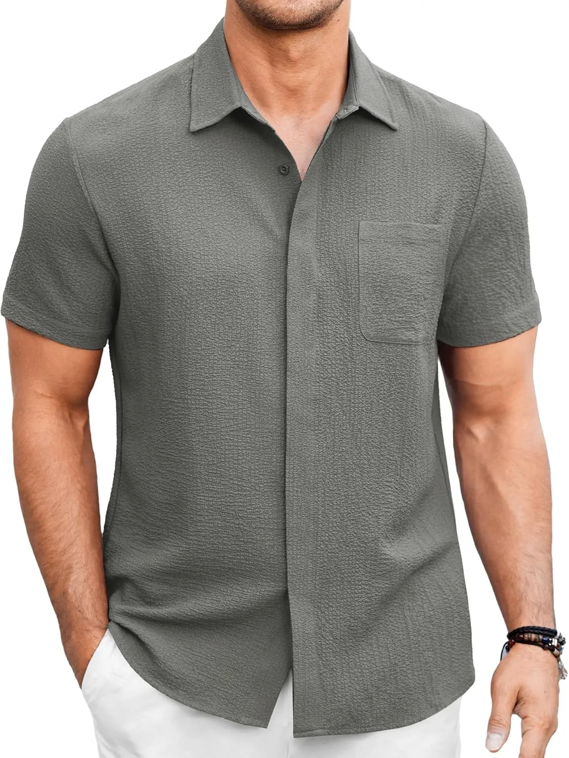 COOFANDY Men's Casual Shirt Short Sleeve Button Down Summer Beach Textured Shirt