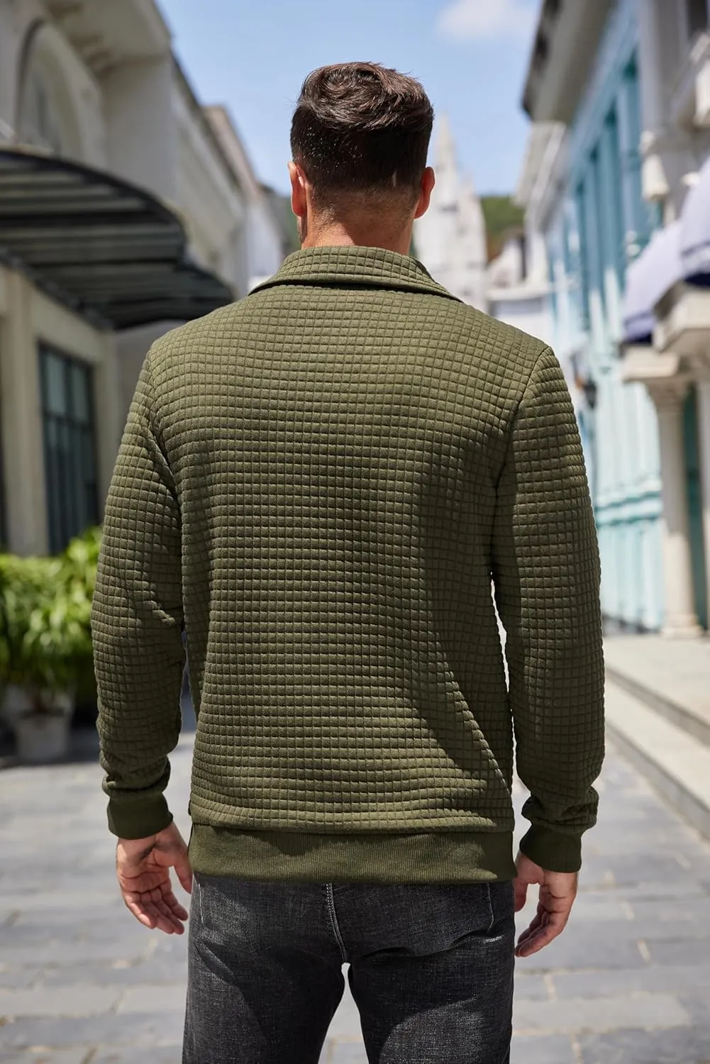 COOFANDY Mens Quarter Pullover Quilted Sweatshirt Casual Knit Long Sleeve Mock Neck Sweater Waffle Collared Pullover