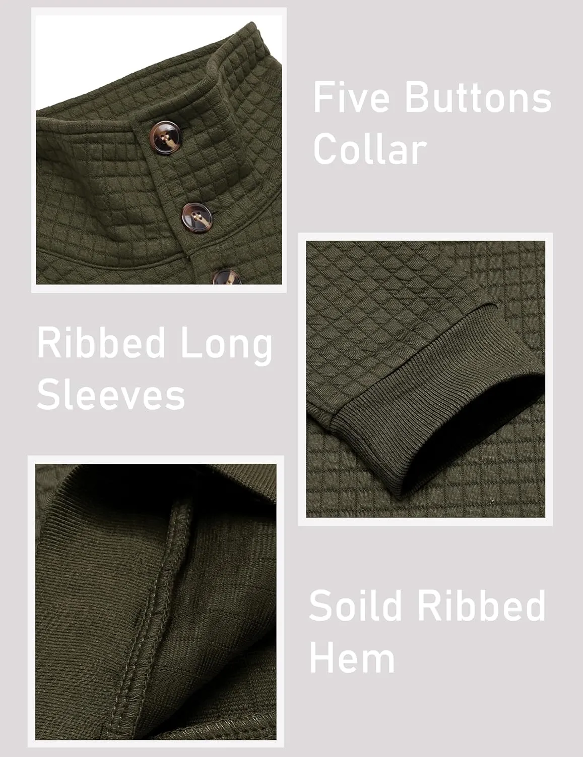 COOFANDY Mens Quarter Pullover Quilted Sweatshirt Casual Knit Long Sleeve Mock Neck Sweater Waffle Collared Pullover