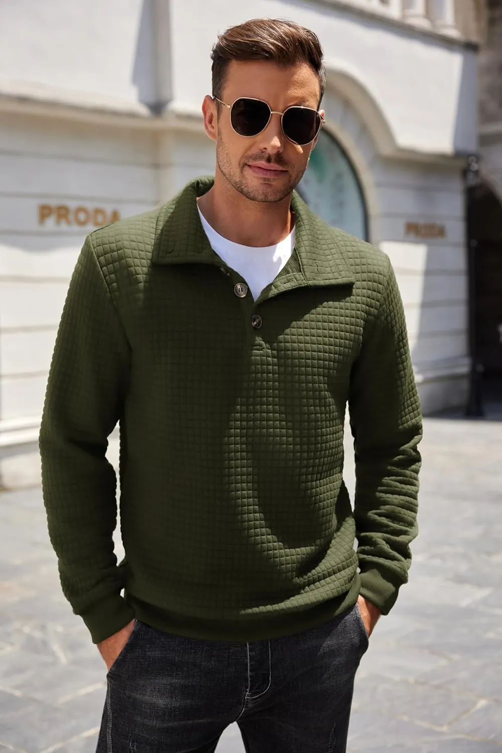 COOFANDY Mens Quarter Pullover Quilted Sweatshirt Casual Knit Long Sleeve Mock Neck Sweater Waffle Collared Pullover