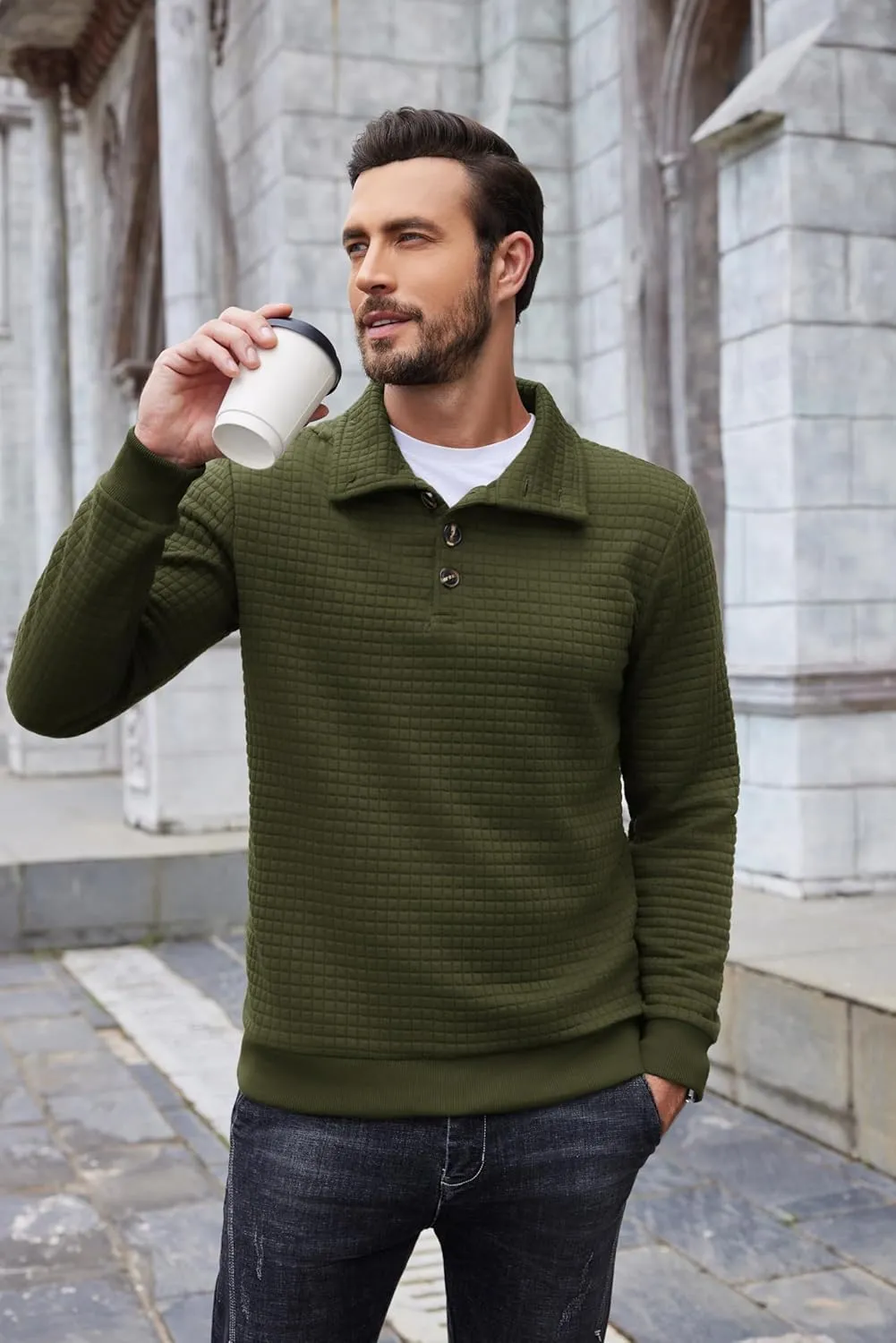 COOFANDY Mens Quarter Pullover Quilted Sweatshirt Casual Knit Long Sleeve Mock Neck Sweater Waffle Collared Pullover