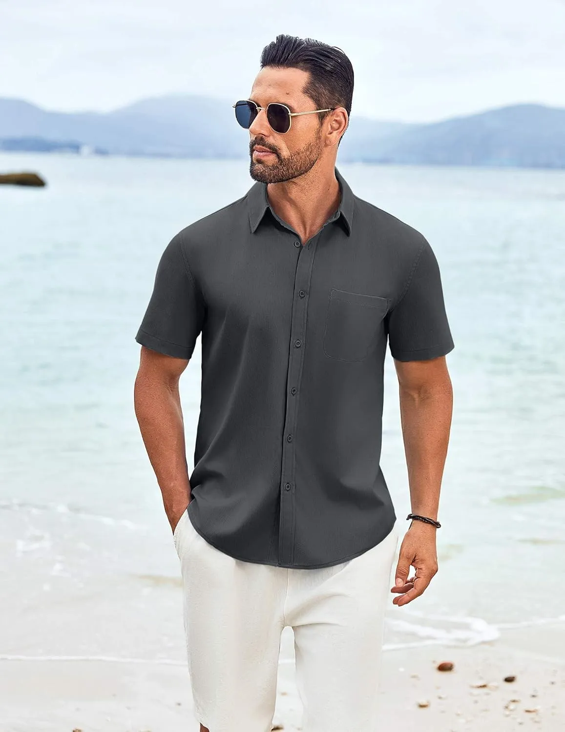 COOFANDY Shirts for Men Short Sleeve Button Down Shirt Casual Summer Beach Shirt