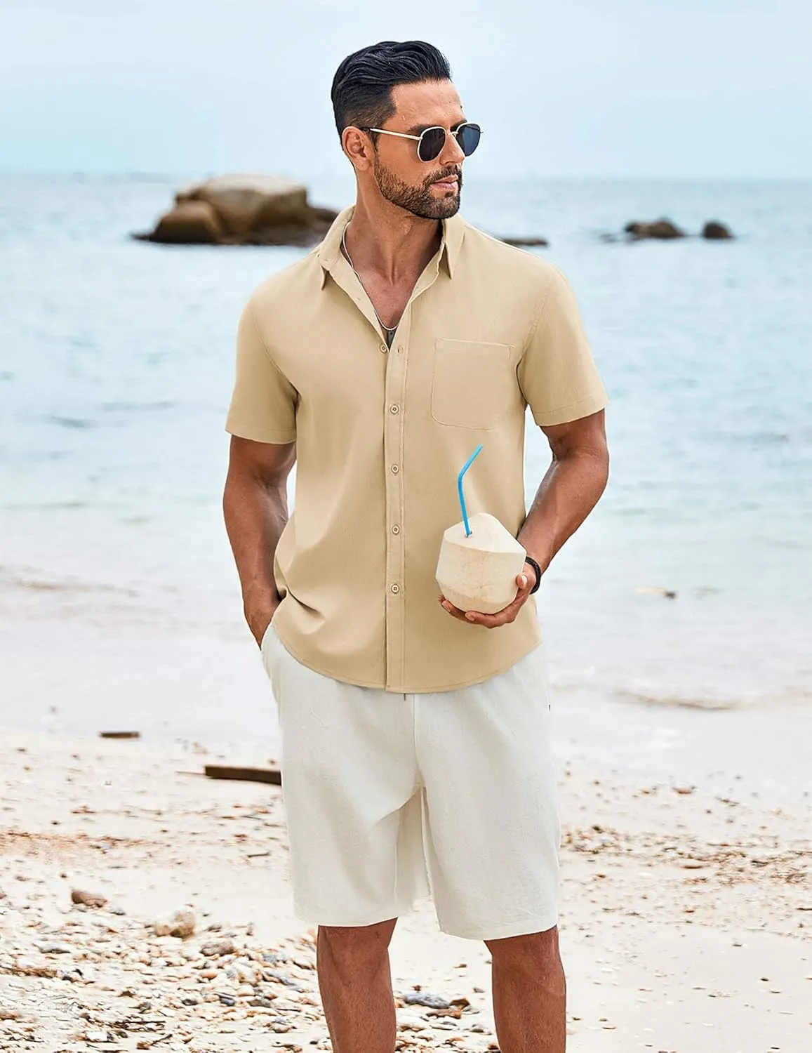 COOFANDY Shirts for Men Short Sleeve Button Down Shirt Casual Summer Beach Shirt