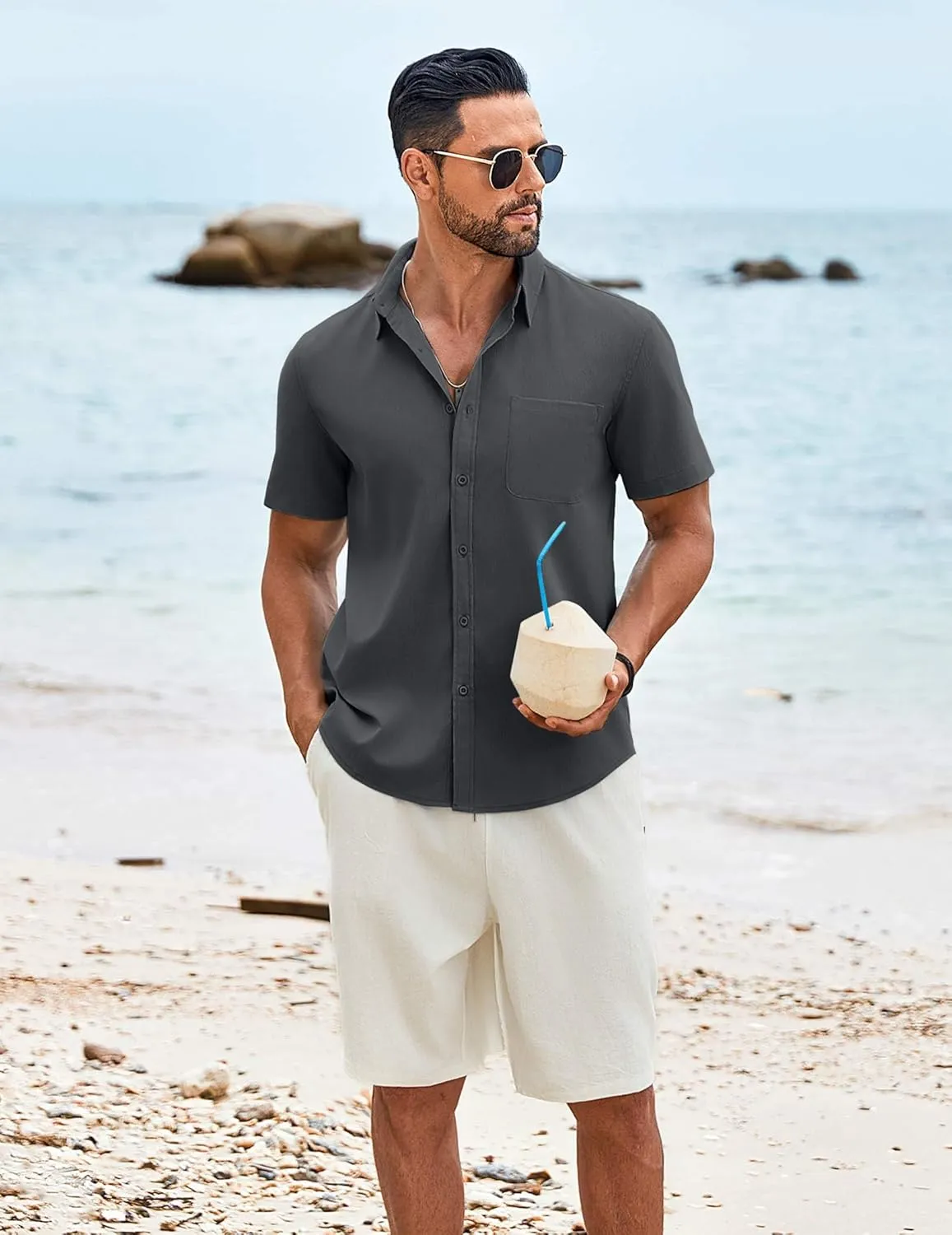 COOFANDY Shirts for Men Short Sleeve Button Down Shirt Casual Summer Beach Shirt