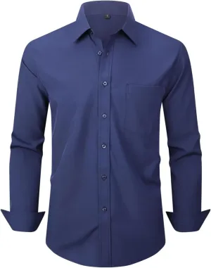 corfty Men Long Sleeve Dress Shirt - Regular Fit Stretch Free-Wrinkle Casual Button Down Shirt