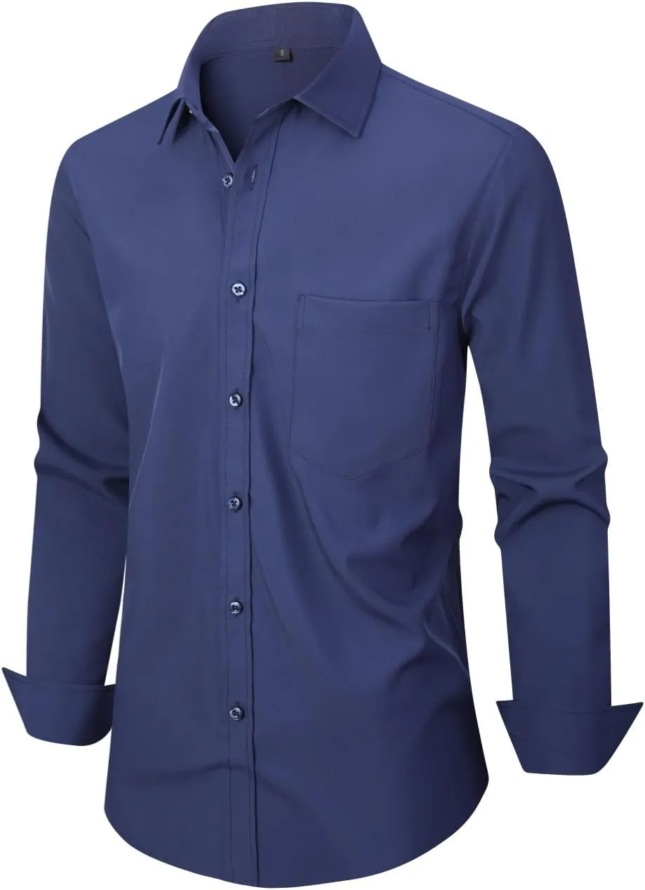 corfty Men Long Sleeve Dress Shirt - Regular Fit Stretch Free-Wrinkle Casual Button Down Shirt