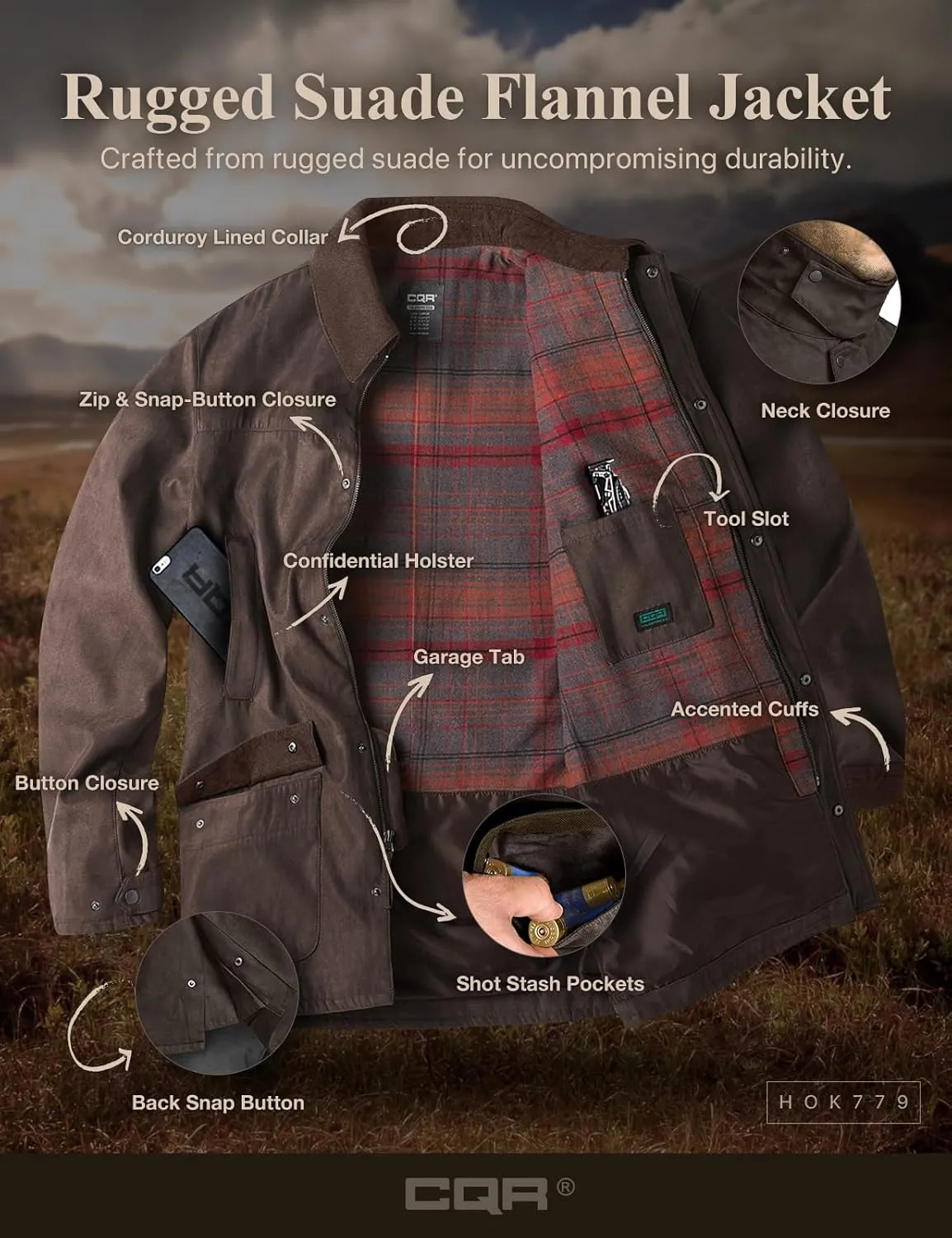 CQR Men's Flannel Lined Shirt Jackets, Long Sleeved Rugged Plaid Cotton Brushed Suede Shirt Jacket