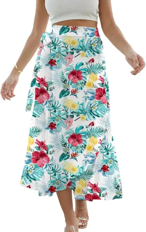 Cromoncent Womens Boho Floral Wrap Maxi Skirt Summer Tie Up Waist Split Beach Skirts