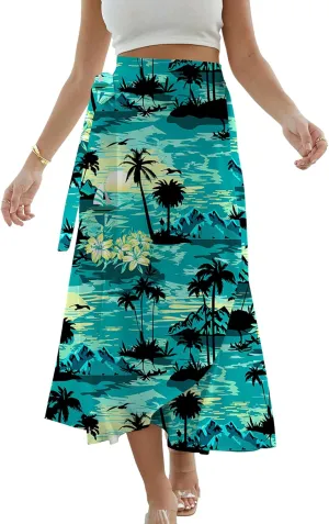 Cromoncent Womens Boho Floral Wrap Maxi Skirt Summer Tie Up Waist Split Beach Skirts