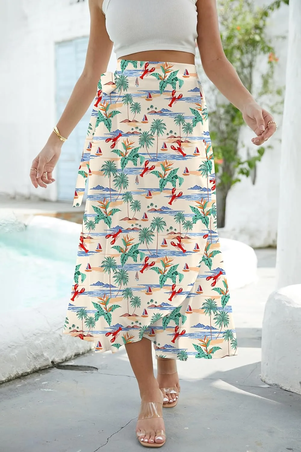 Cromoncent Womens Boho Floral Wrap Maxi Skirt Summer Tie Up Waist Split Beach Skirts