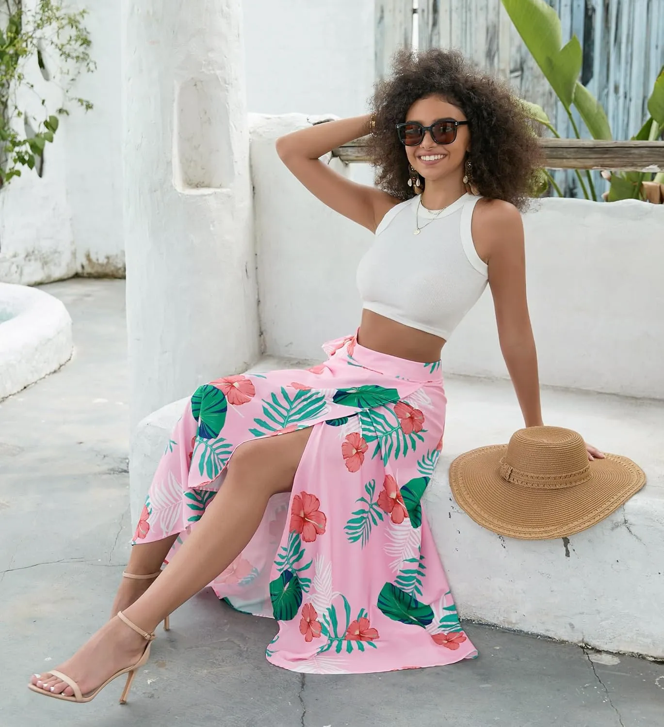 Cromoncent Womens Boho Floral Wrap Maxi Skirt Summer Tie Up Waist Split Beach Skirts