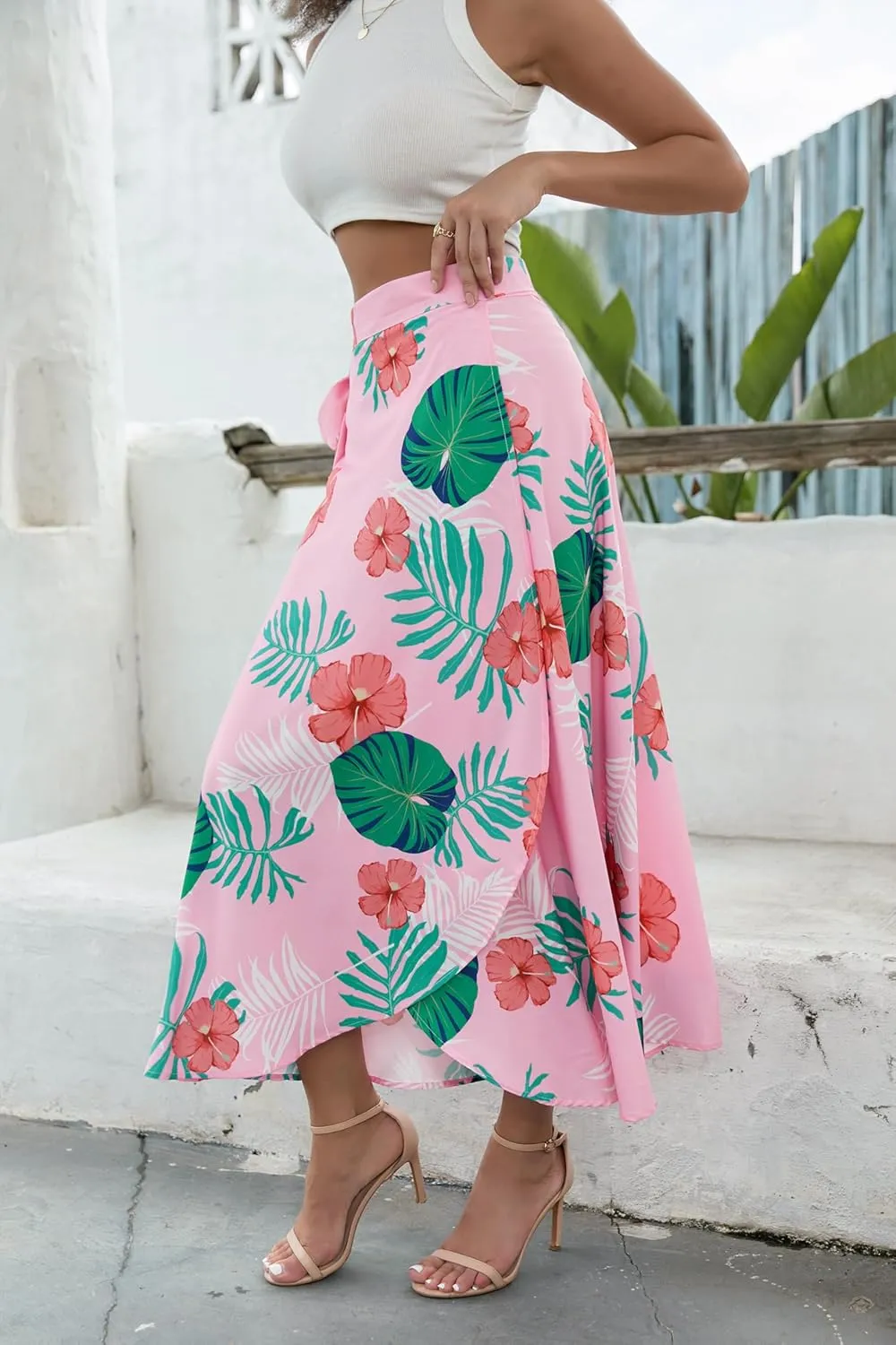 Cromoncent Womens Boho Floral Wrap Maxi Skirt Summer Tie Up Waist Split Beach Skirts