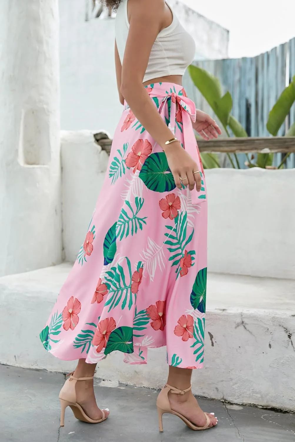 Cromoncent Womens Boho Floral Wrap Maxi Skirt Summer Tie Up Waist Split Beach Skirts
