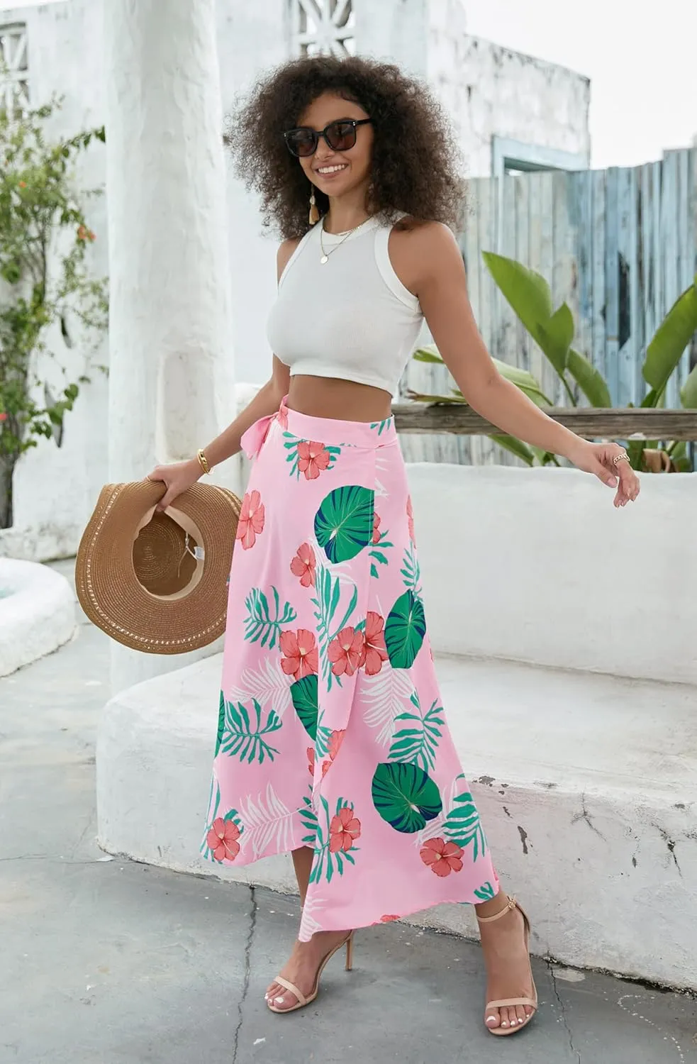 Cromoncent Womens Boho Floral Wrap Maxi Skirt Summer Tie Up Waist Split Beach Skirts