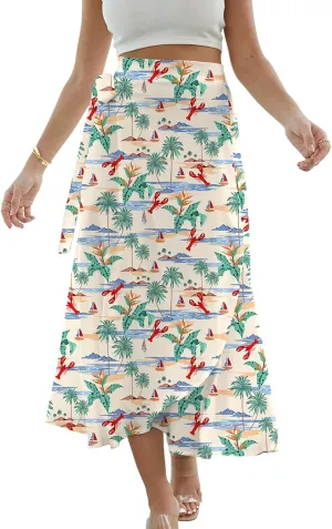 Cromoncent Womens Boho Floral Wrap Maxi Skirt Summer Tie Up Waist Split Beach Skirts