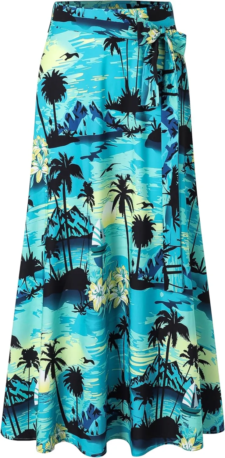 Cromoncent Womens Boho Floral Wrap Maxi Skirt Summer Tie Up Waist Split Beach Skirts