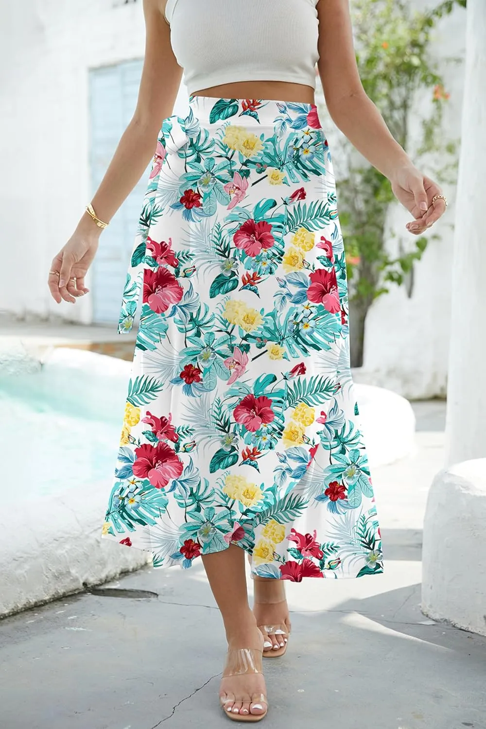 Cromoncent Womens Boho Floral Wrap Maxi Skirt Summer Tie Up Waist Split Beach Skirts