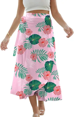 Cromoncent Womens Boho Floral Wrap Maxi Skirt Summer Tie Up Waist Split Beach Skirts