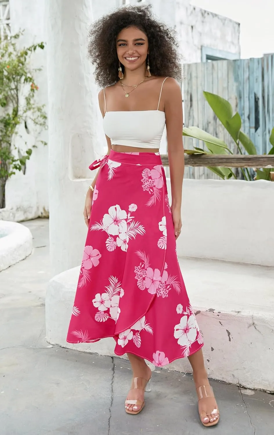 Cromoncent Womens Boho Floral Wrap Maxi Skirt Summer Tie Up Waist Split Beach Skirts