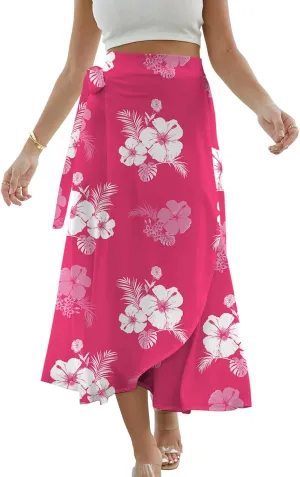 Cromoncent Womens Boho Floral Wrap Maxi Skirt Summer Tie Up Waist Split Beach Skirts