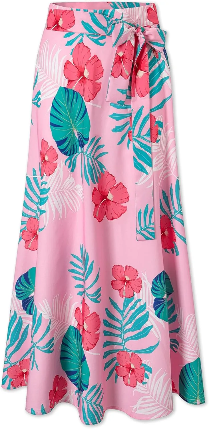 Cromoncent Womens Boho Floral Wrap Maxi Skirt Summer Tie Up Waist Split Beach Skirts
