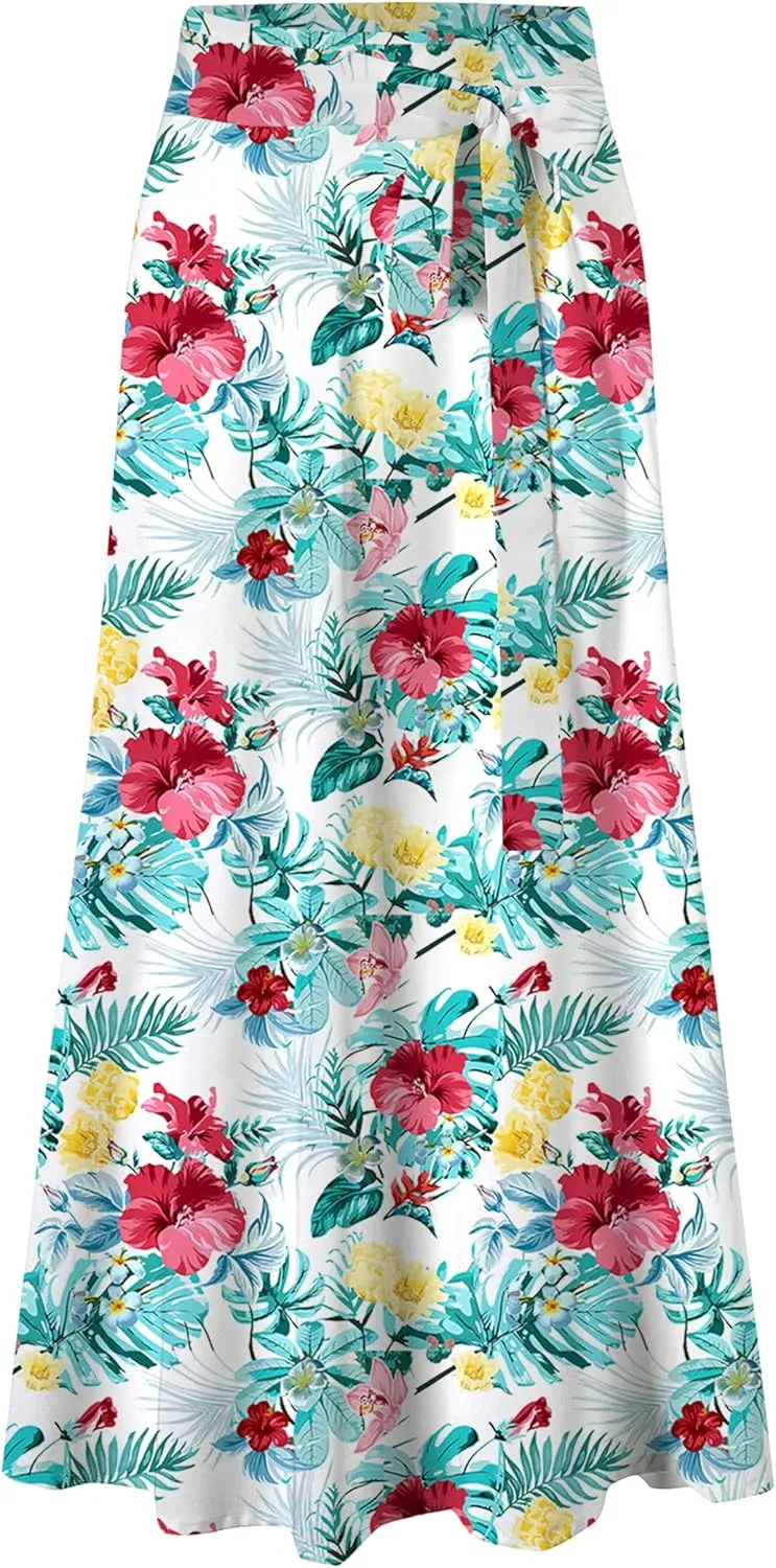 Cromoncent Womens Boho Floral Wrap Maxi Skirt Summer Tie Up Waist Split Beach Skirts