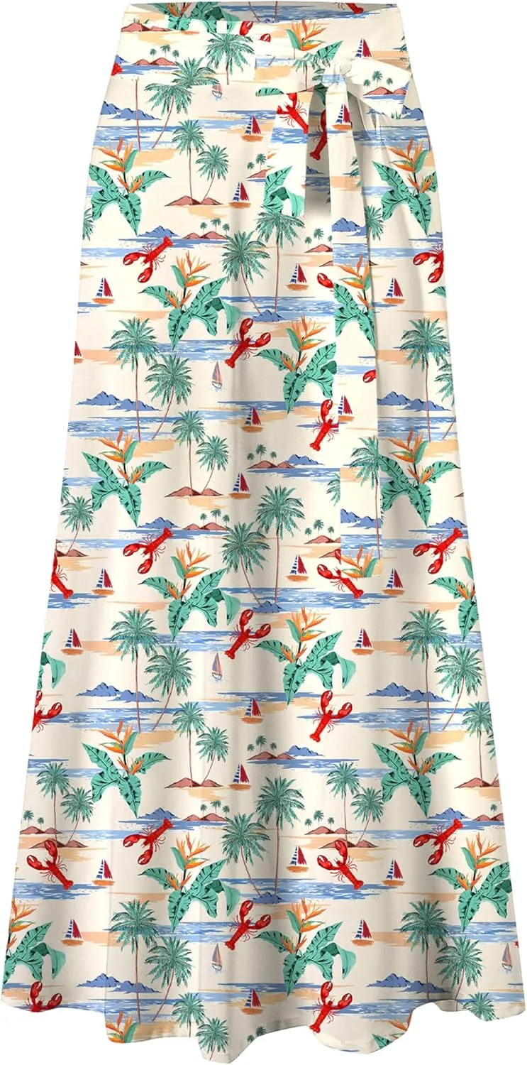 Cromoncent Womens Boho Floral Wrap Maxi Skirt Summer Tie Up Waist Split Beach Skirts