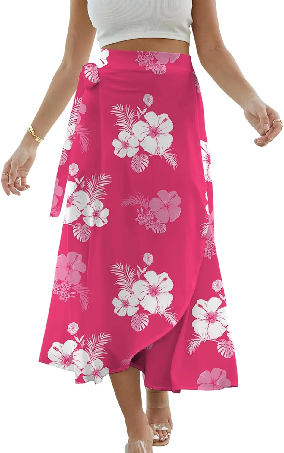 Cromoncent Womens Boho Floral Wrap Maxi Skirt Summer Tie Up Waist Split Beach Skirts