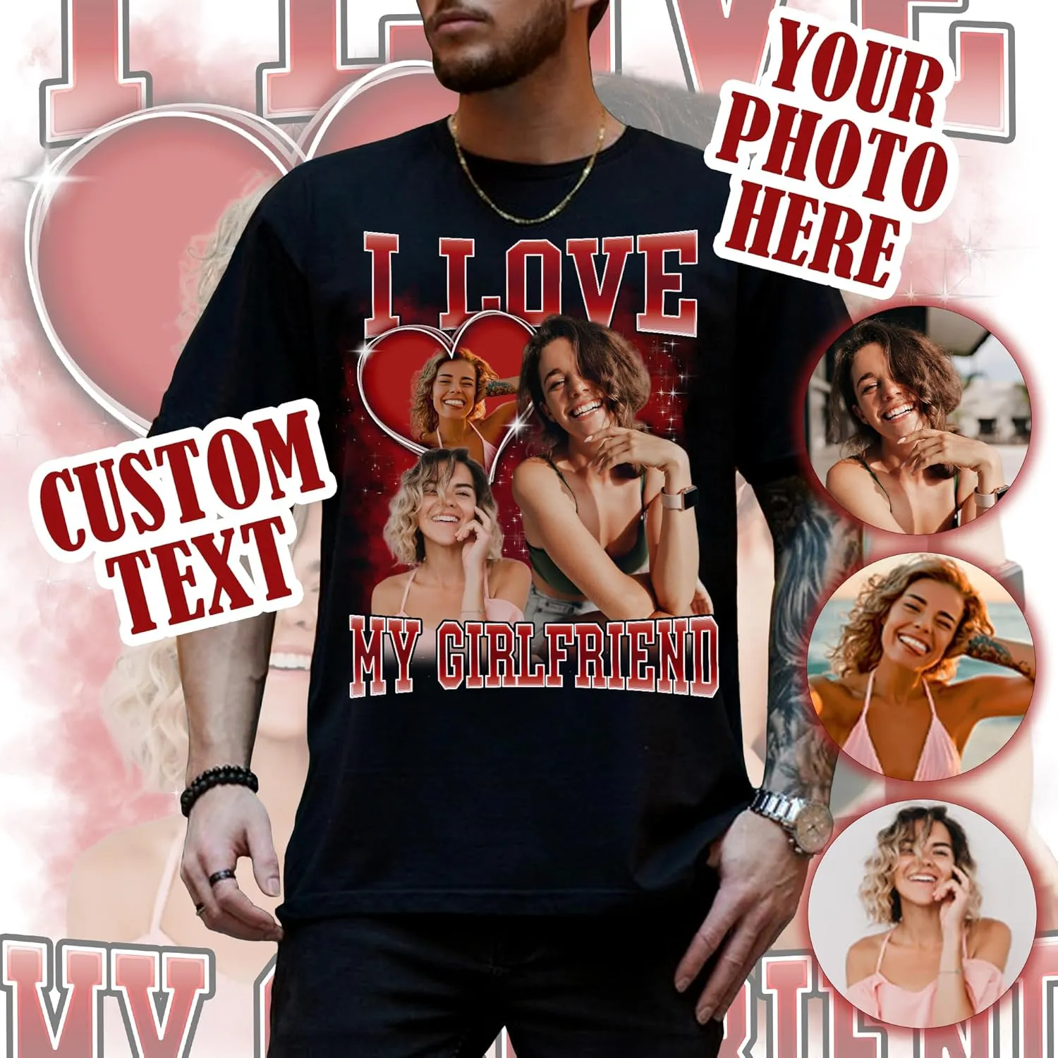 Custom Photo Bootleg Rap Shirt with Girlfriend's Face for Boyfriend - Vintage Graphic Shirt for Men