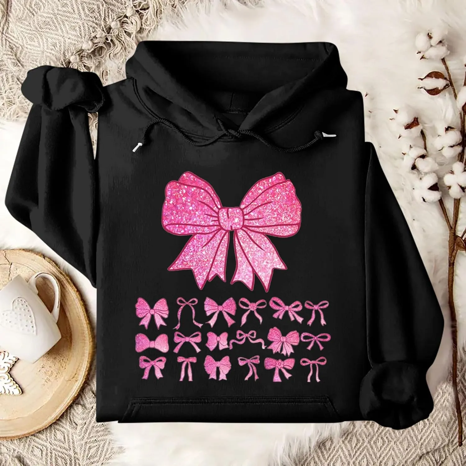 Cute Bow Print Hoodie Comfy Preppy clothes Bonney Bow Detail sweatshirt Y2k Comfy Coquette Hoodie