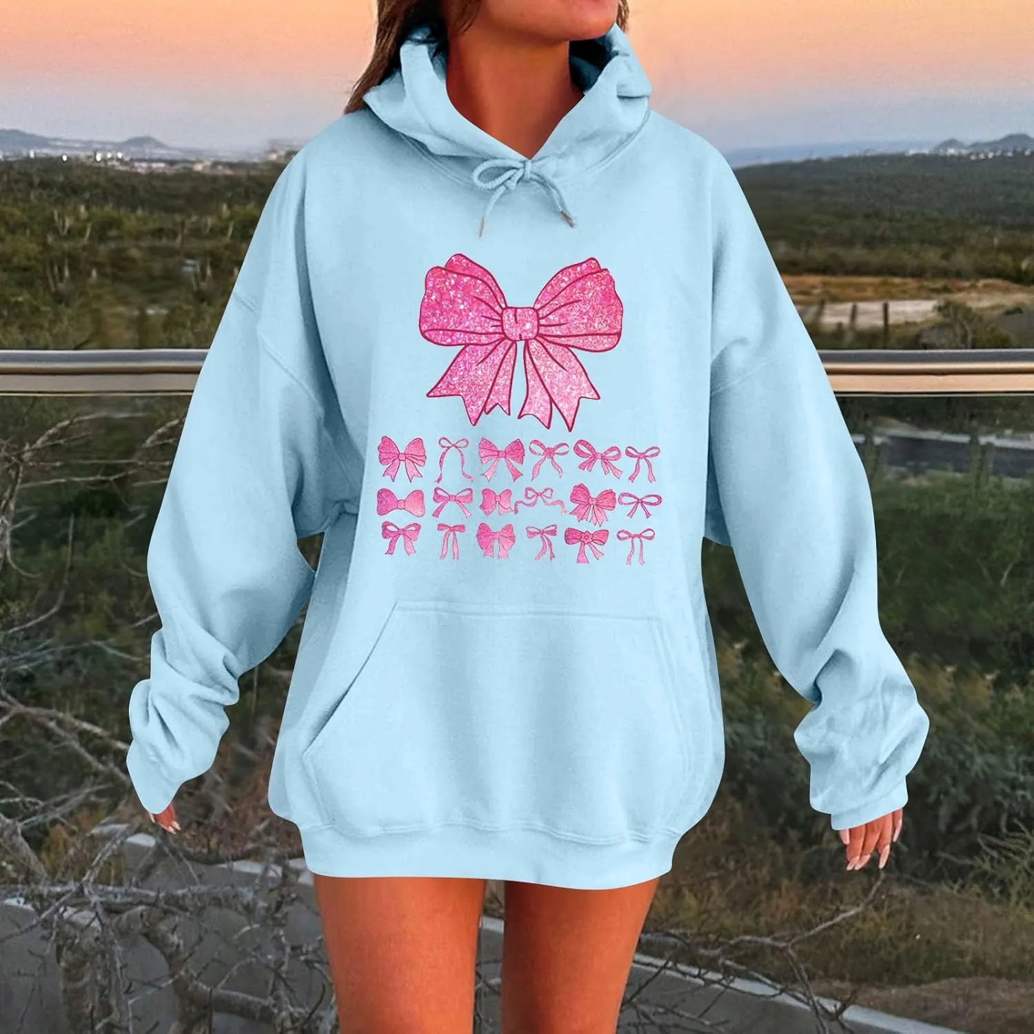 Cute Bow Print Hoodie Comfy Preppy clothes Bonney Bow Detail sweatshirt Y2k Comfy Coquette Hoodie