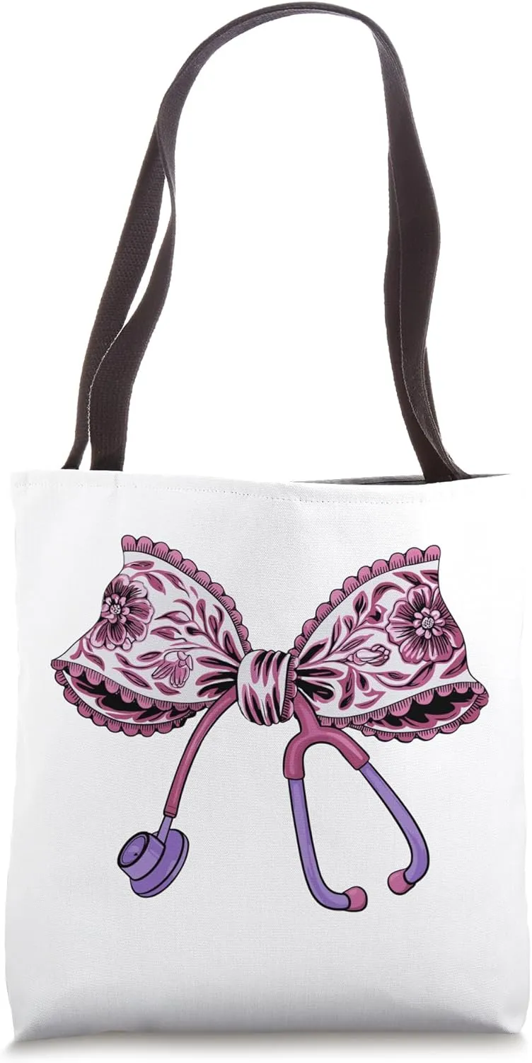 Cute Floral Pink Coquette Bow Stethoscope Nurse Doctor women Tote Bag