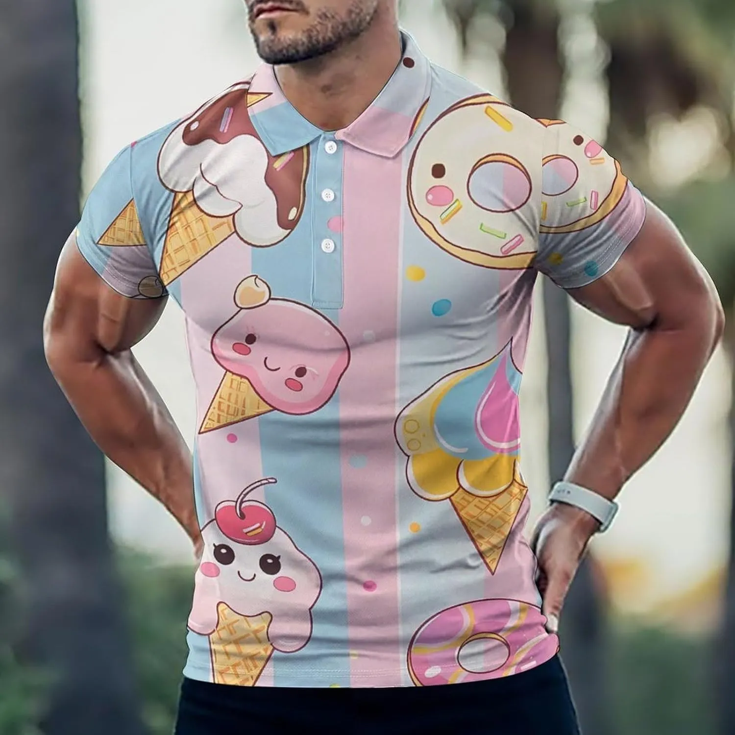 Donuts Ice-Cream Mens Polo Shirts Quick Dry Short Sleeve Golf Slim Fit T Shirt