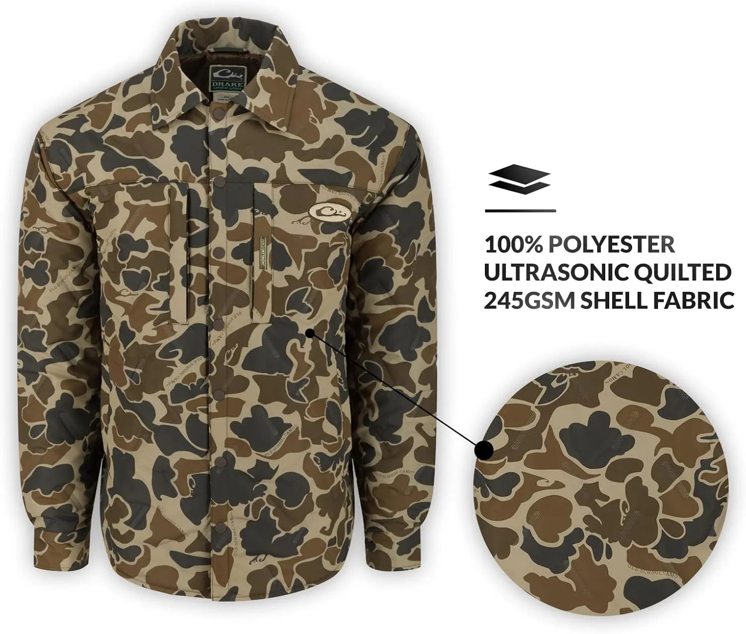 DRAKE Men's LST Double Down Jac-Shirt Insulated Water-Repellent Resistant Quilted Button-Down Outdoor Hunting Hiking Jacket