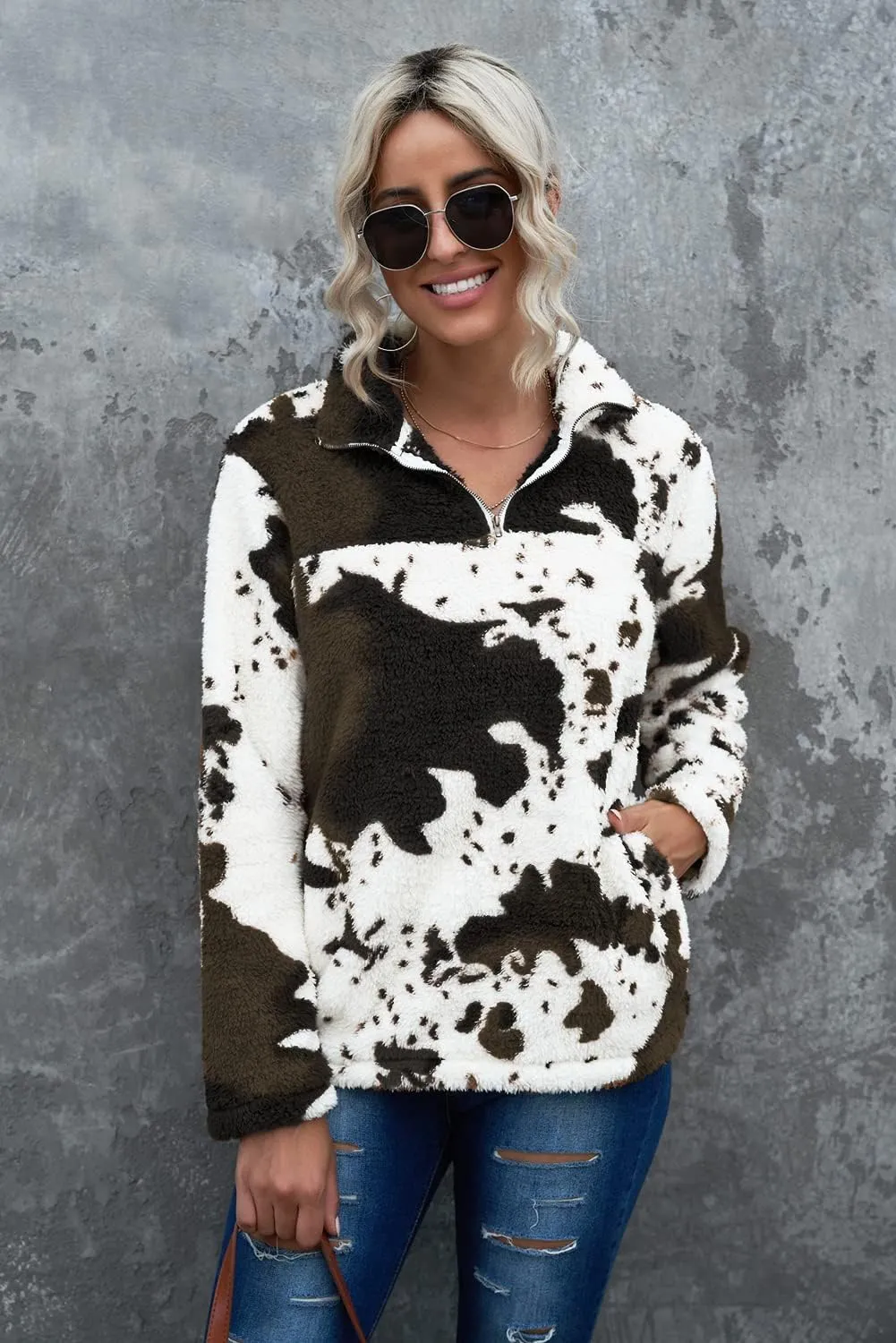 EARKOHA Womens Plus Size Long Sleeve Casual Zip Collar Cow Print Fleece Jacket Tops