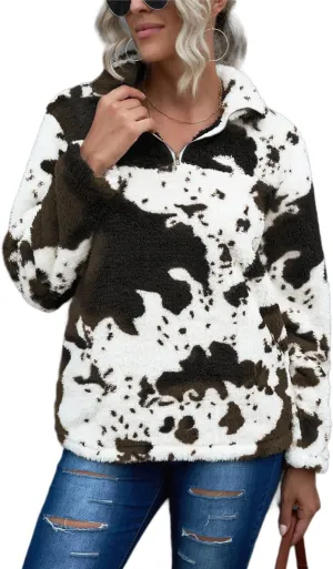 EARKOHA Womens Plus Size Long Sleeve Casual Zip Collar Cow Print Fleece Jacket Tops