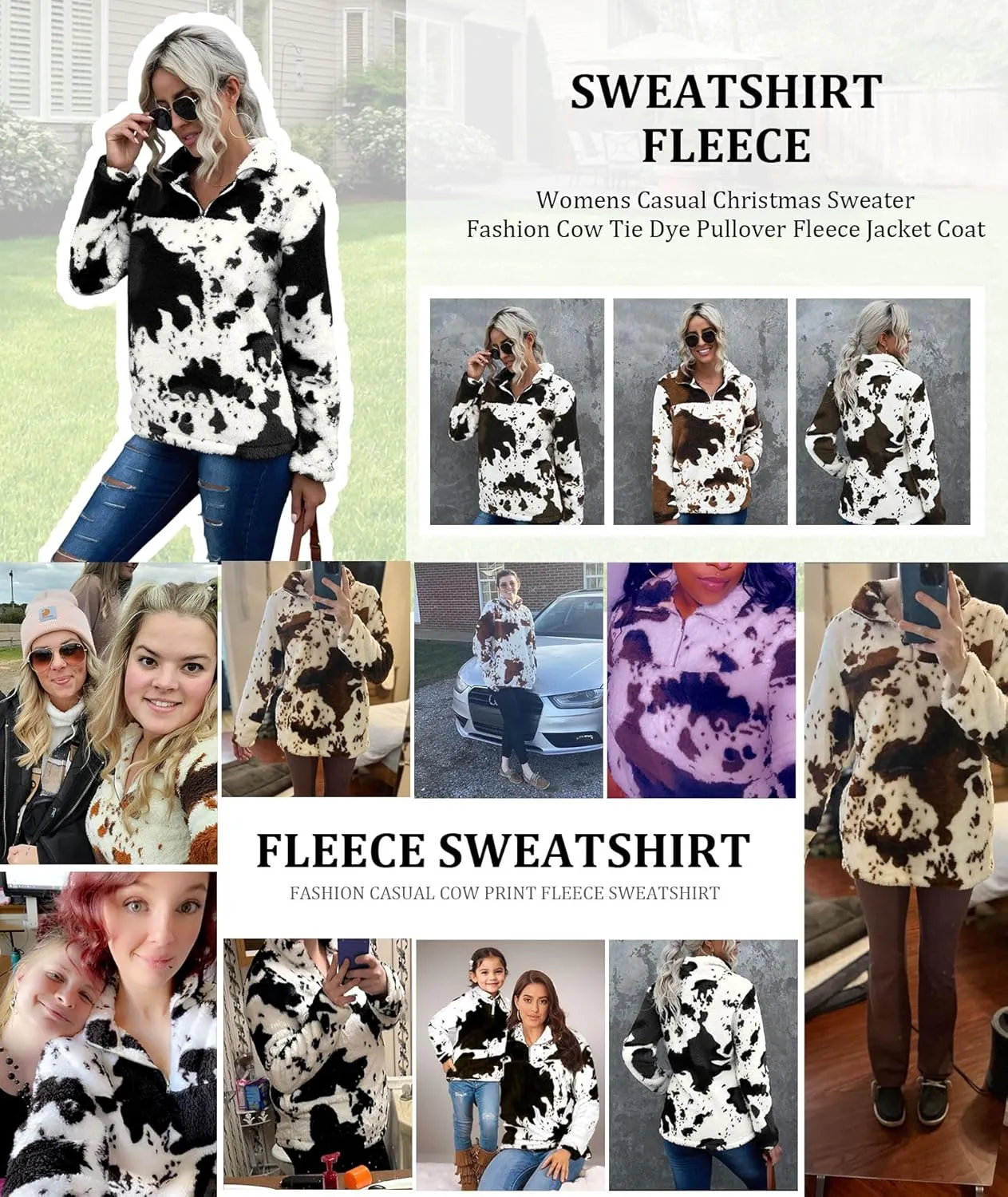 EARKOHA Womens Plus Size Long Sleeve Casual Zip Collar Cow Print Fleece Jacket Tops