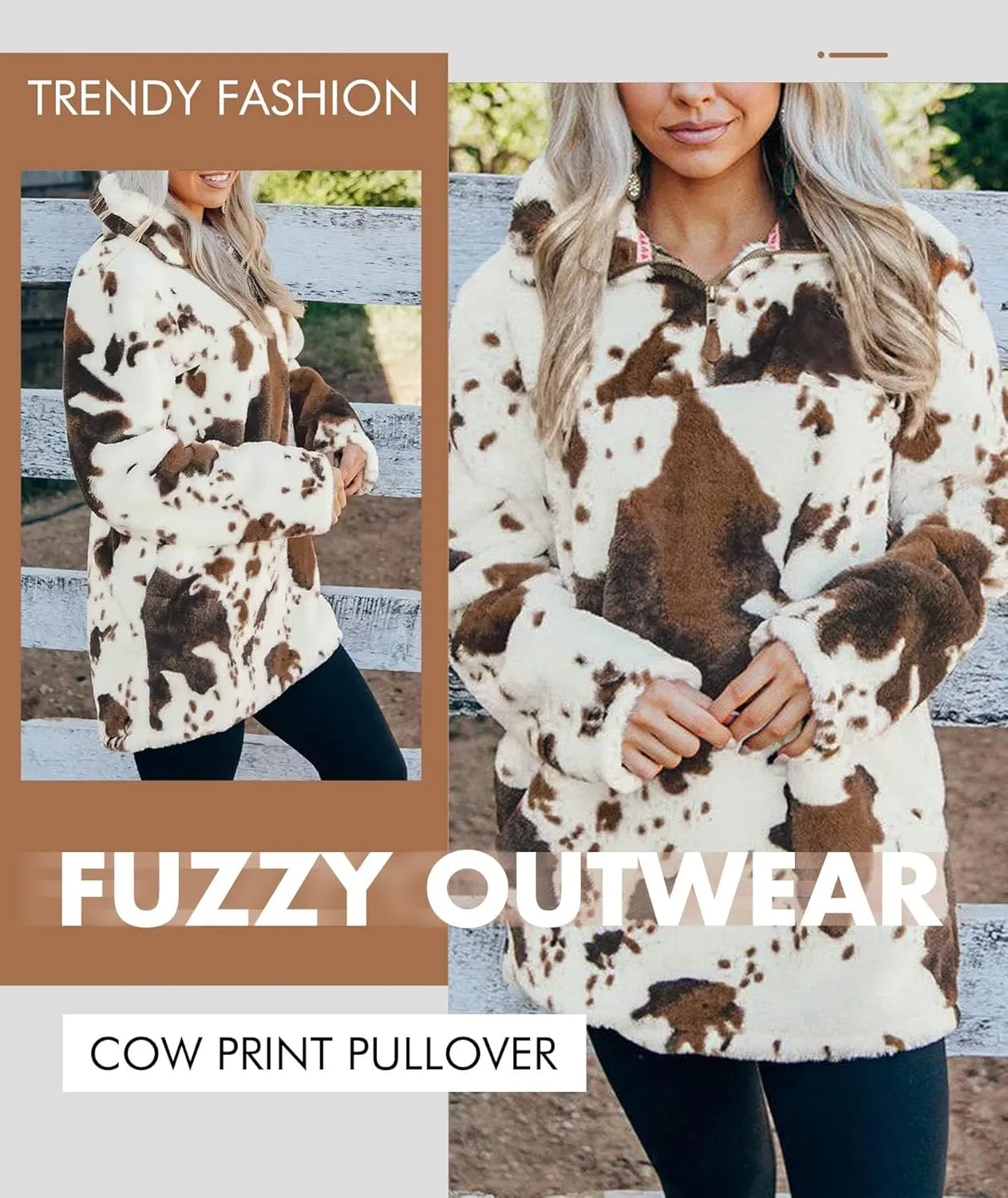 EARKOHA Womens Plus Size Long Sleeve Casual Zip Collar Cow Print Fleece Jacket Tops