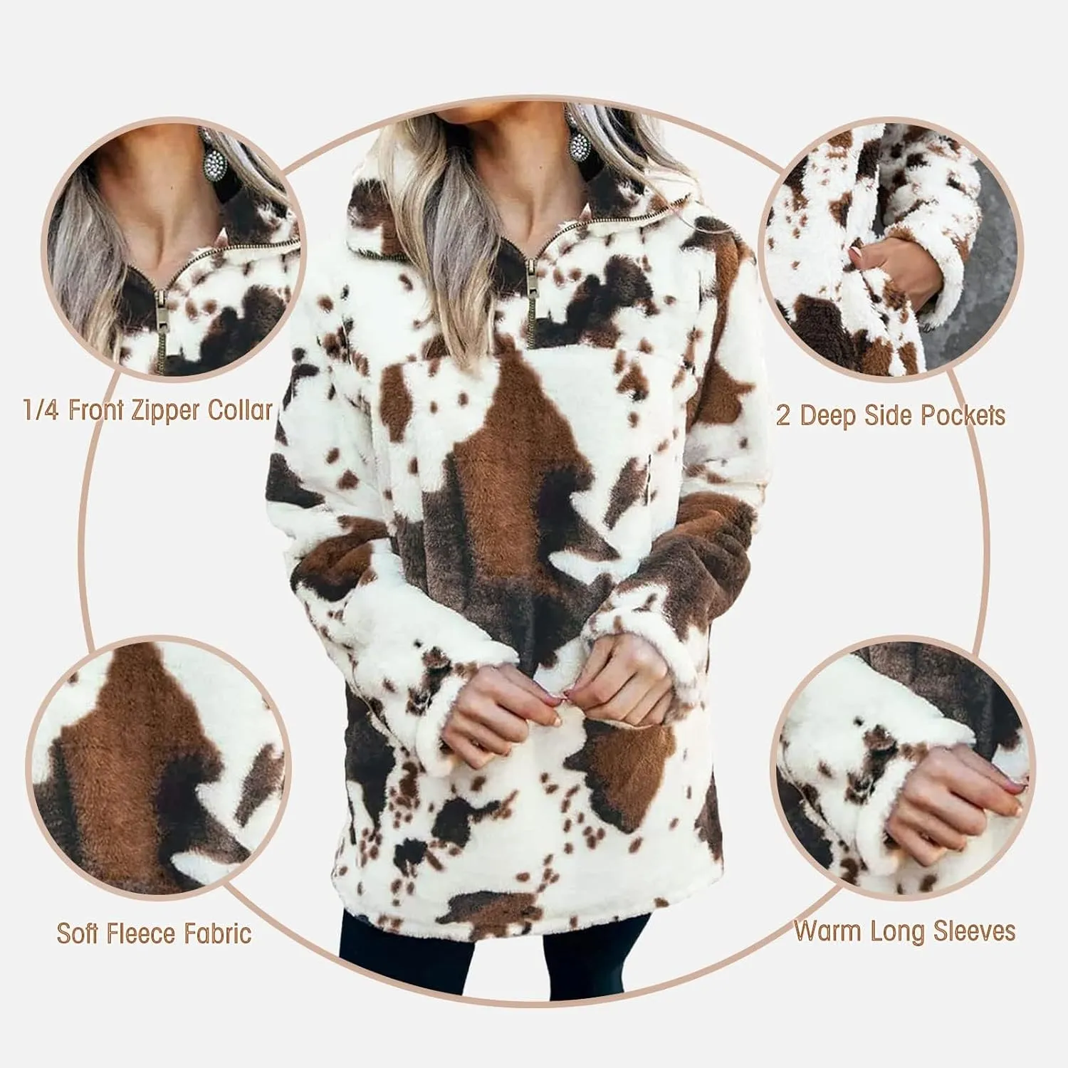 EARKOHA Womens Plus Size Long Sleeve Casual Zip Collar Cow Print Fleece Jacket Tops