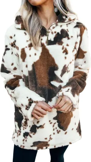 EARKOHA Womens Plus Size Long Sleeve Casual Zip Collar Cow Print Fleece Jacket Tops