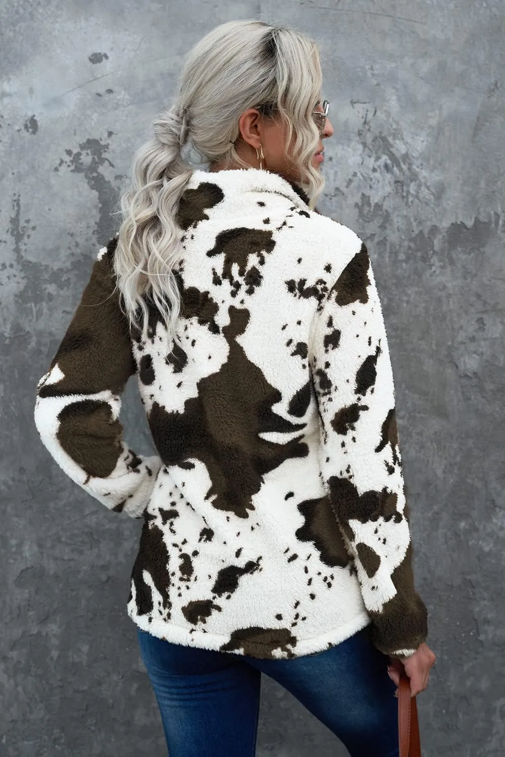 EARKOHA Womens Plus Size Long Sleeve Casual Zip Collar Cow Print Fleece Jacket Tops