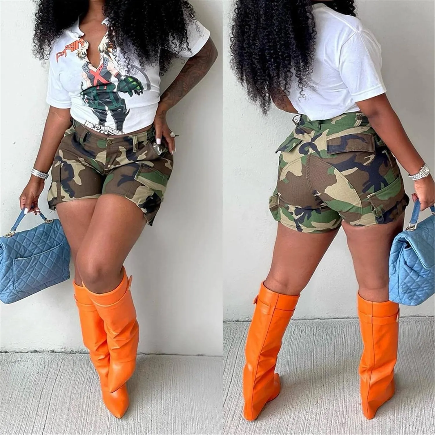 Famnbro Women Camo Shorts Slim Fit Camouflage Cargo Shorts Casual Army Fatigue Shorts with Pockets