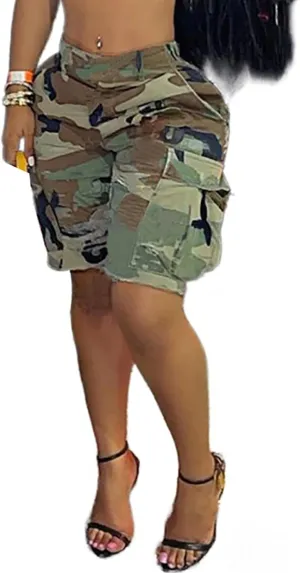 Famnbro Women Camo Shorts Slim Fit Camouflage Cargo Shorts Casual Army Fatigue Shorts with Pockets